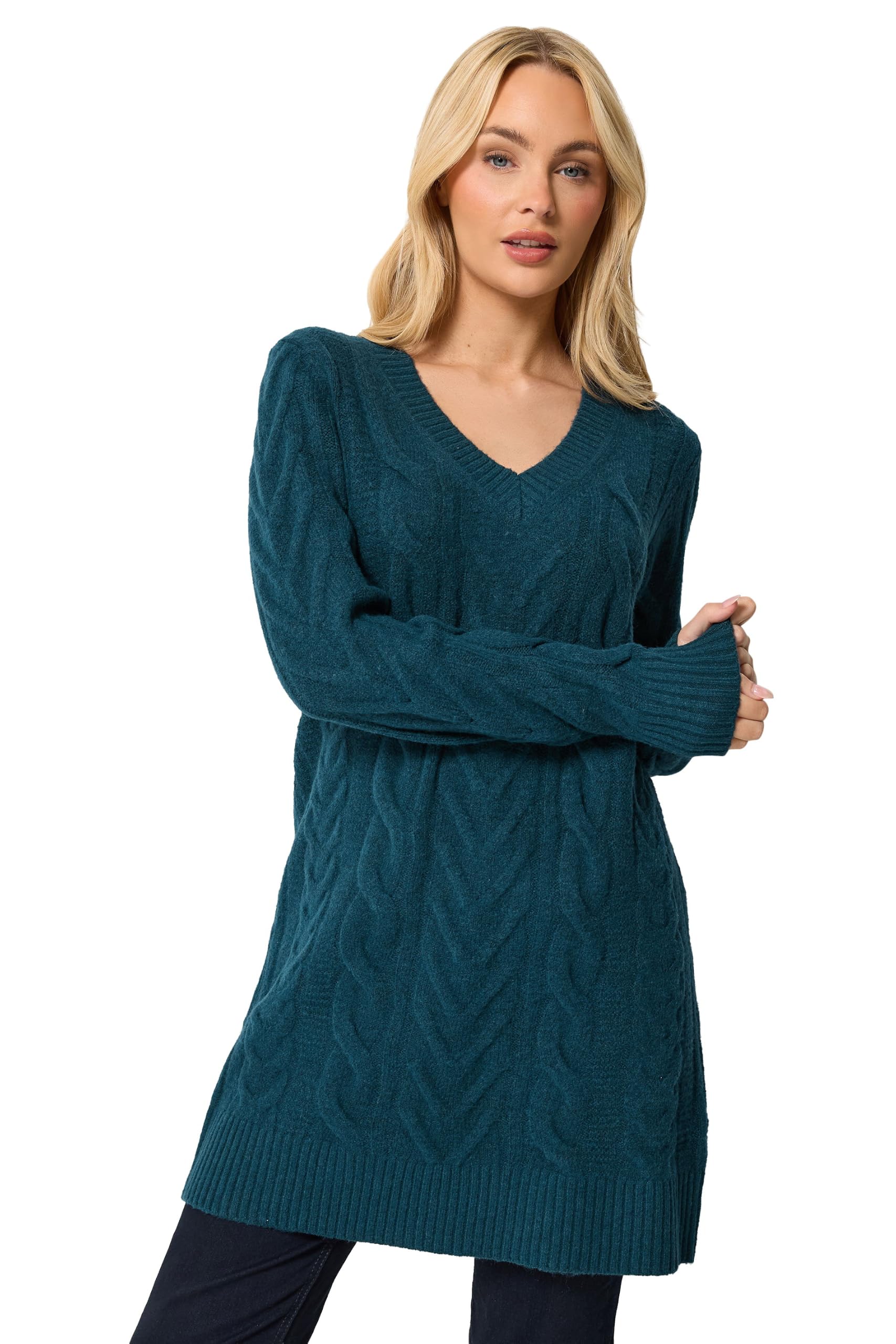 M&Co Blue V-Neck Cable Knit Tunic Jumper - Women's