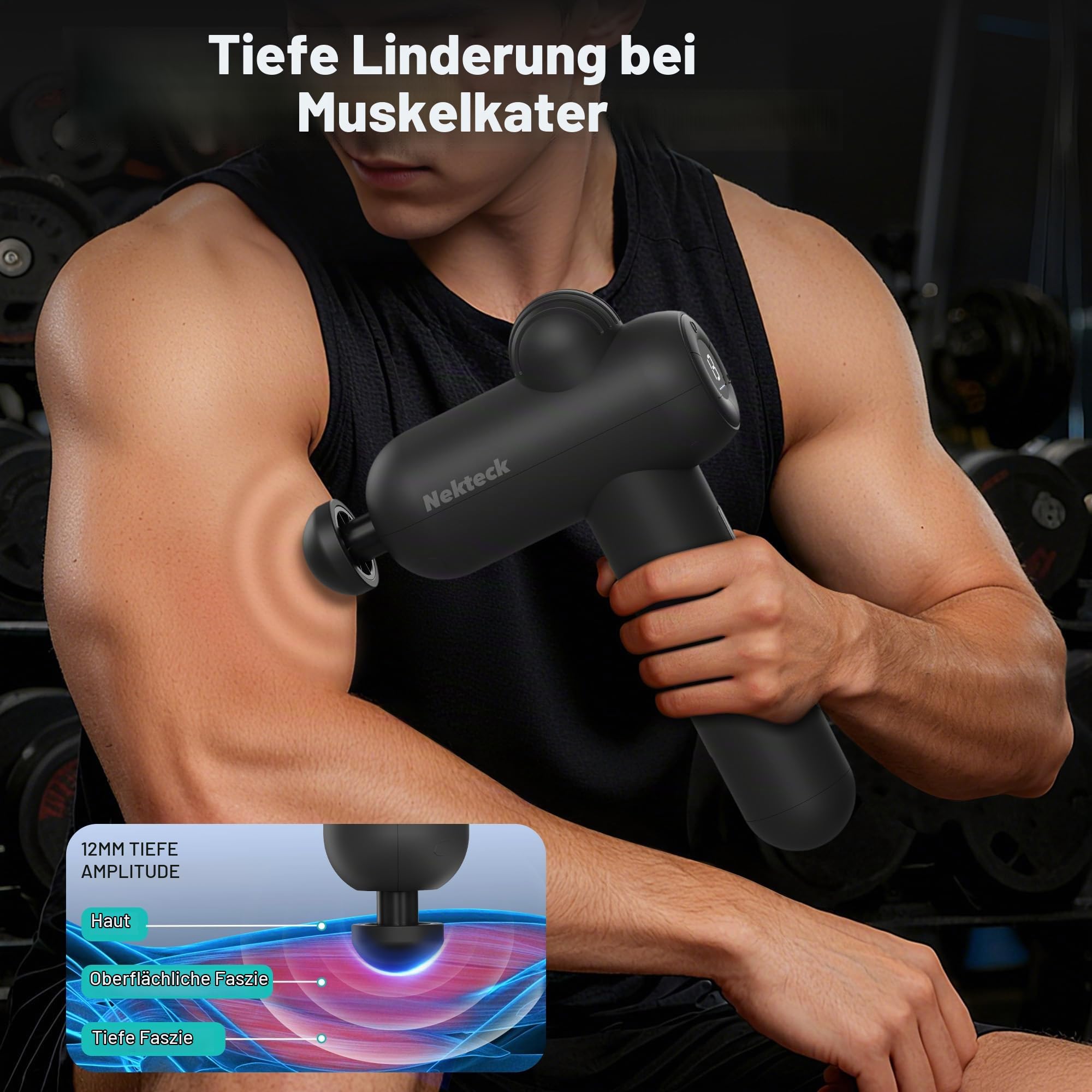 Nekteck Massagepistole, Muskel-Percussion-Massagepistole für Sportler, tragbare Hand-Tiefengewebe-Massagepistole mit 5 einstellbaren Geschwindigkeiten und 6 Massagekopf