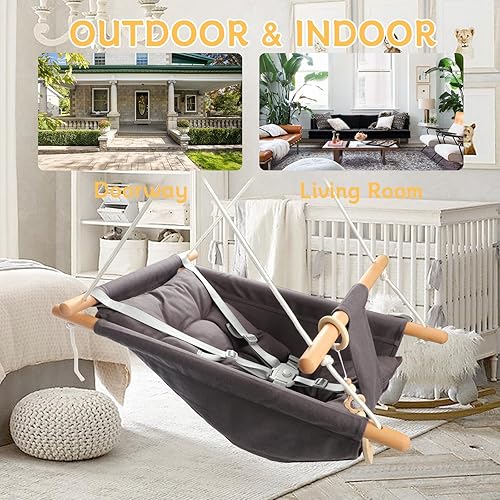 Miniatura 10 de Columpio para bebé al aire libre e interior, hamaca para bebé, columpios para bebés, columpio para bebé exterior, cómodo de madera, a prueba de