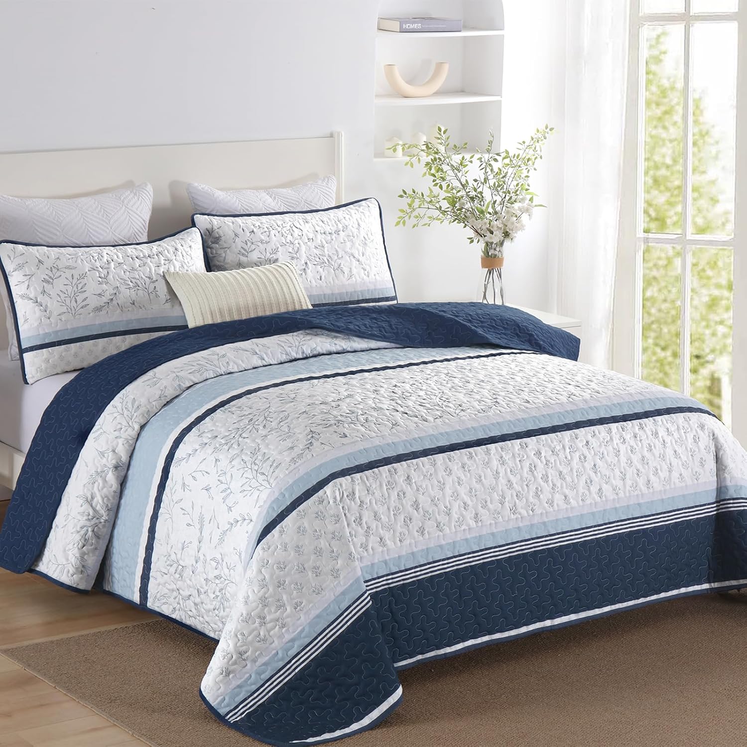 DJY Striped Quilt Set Queen Size, Navy Blue Boho Striped Patchwork Leaves Printed Bedspread Coverlet Set 3 Pieces Soft Lightweight Microfiber Quilted Bedding Set for All Season (96"x90") - Image 2