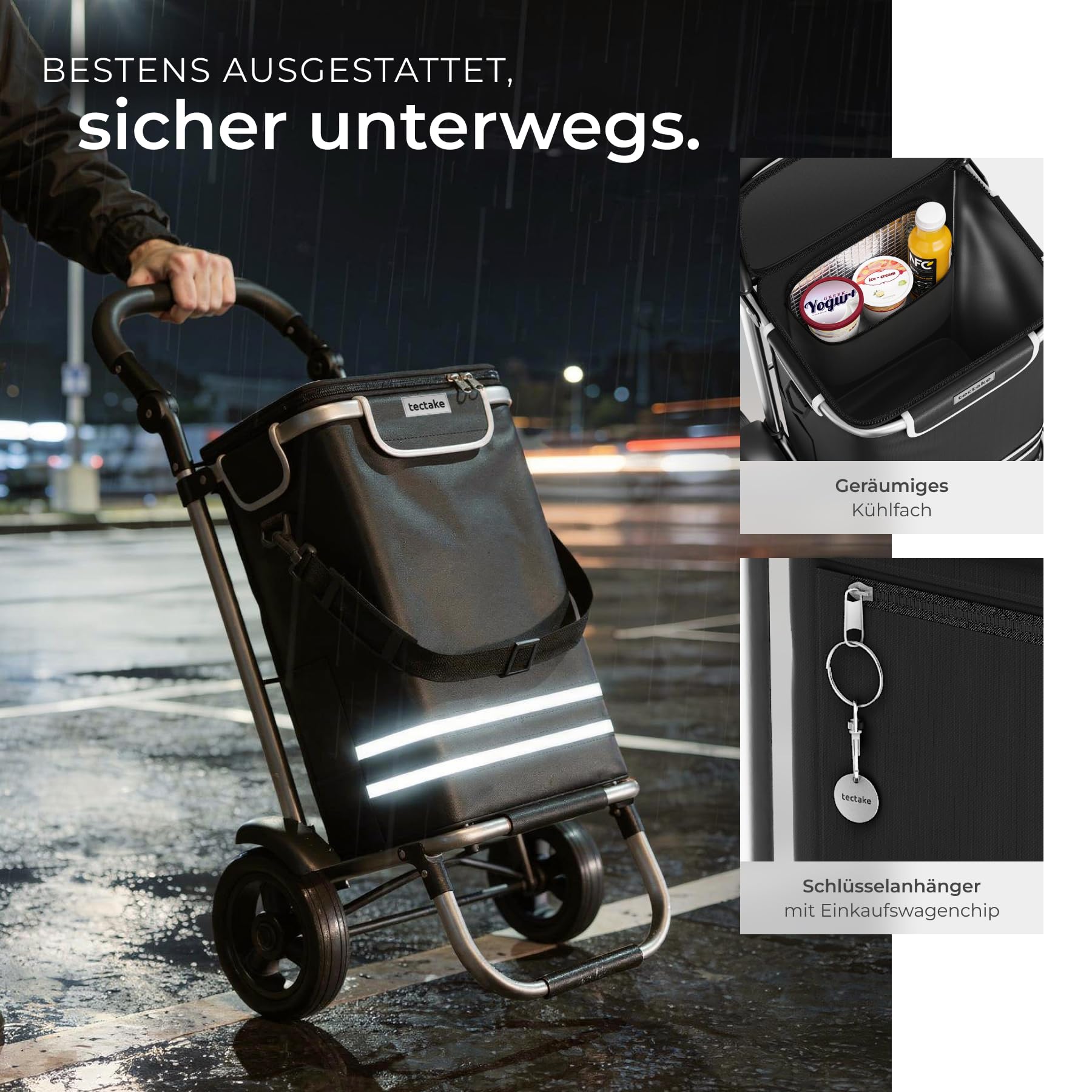 tectake® Einkaufstrolley 3-in-1 klappbar mit Kühltasche, 30 kg belastbar, 45,5 L, Einkaufsroller, Shopper, Sackkarre, Umhängetasche, Trolley Tasche, höhenverstellbarer Griff, Alu Gestell - schwarz