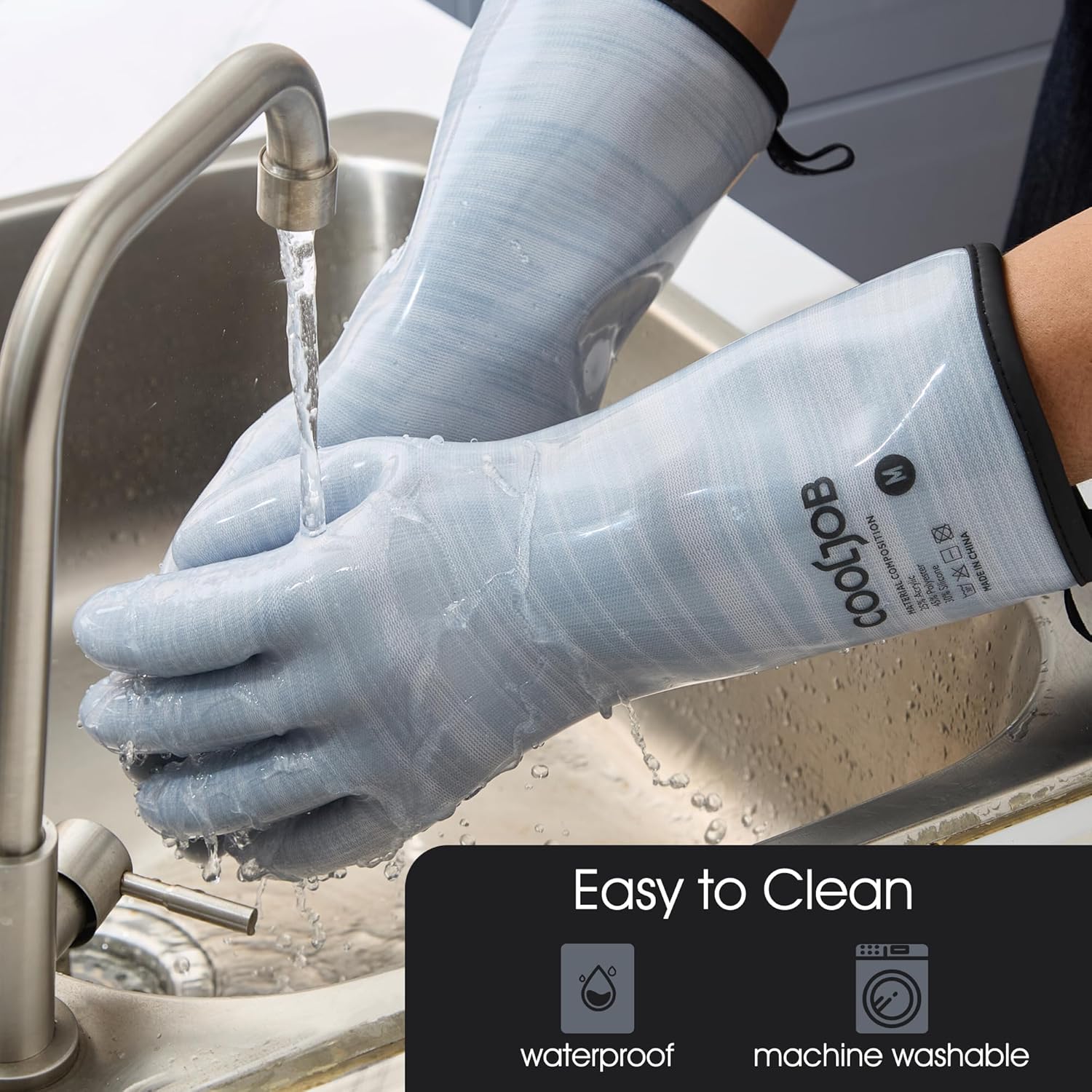 COOLJOB Heat Resistant Oven Gloves, Waterproof Liquid Silicone BBQ Grilling Gloves for Barbecue, Kitchen Cleaning, Baking, Blue, XL - Image 3