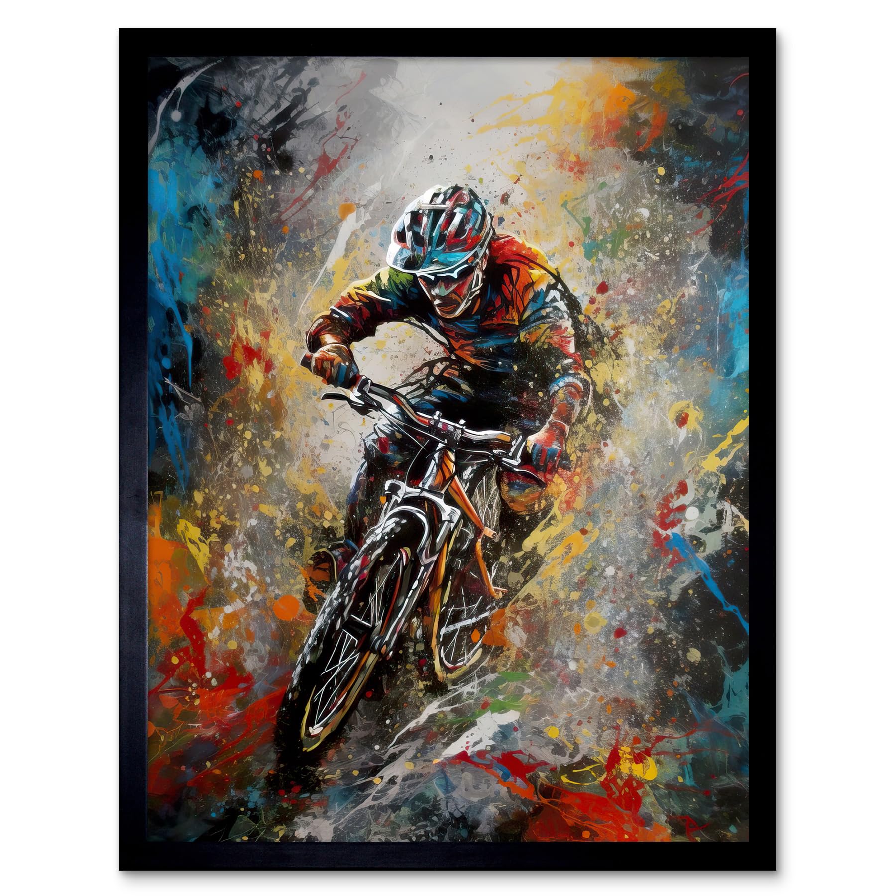 Artery8 Mountain Biker Paint Splat Action Shot Portrait Art Print Framed Poster Wall Decor 12x16 inch