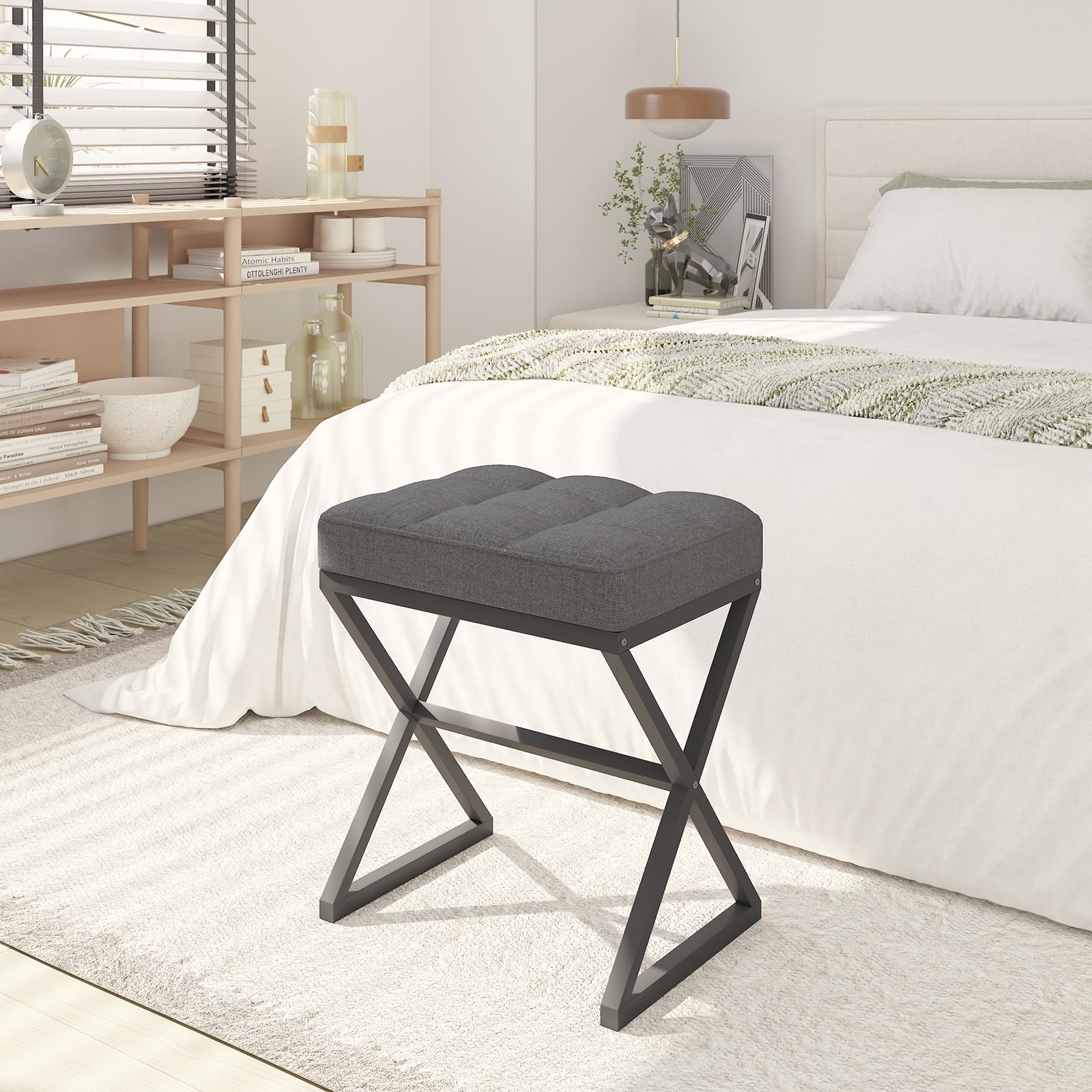 YMYNY Pouf Sgabello per Trucco, Poggiapiedi per Piedi, Sgabello con Seduta in Lino, Ottomano per Trucco con Gambe in Metallo a Forma di X', per Vanità Soggiorno Ingresso 40×30×46CM Grigio HBD033G