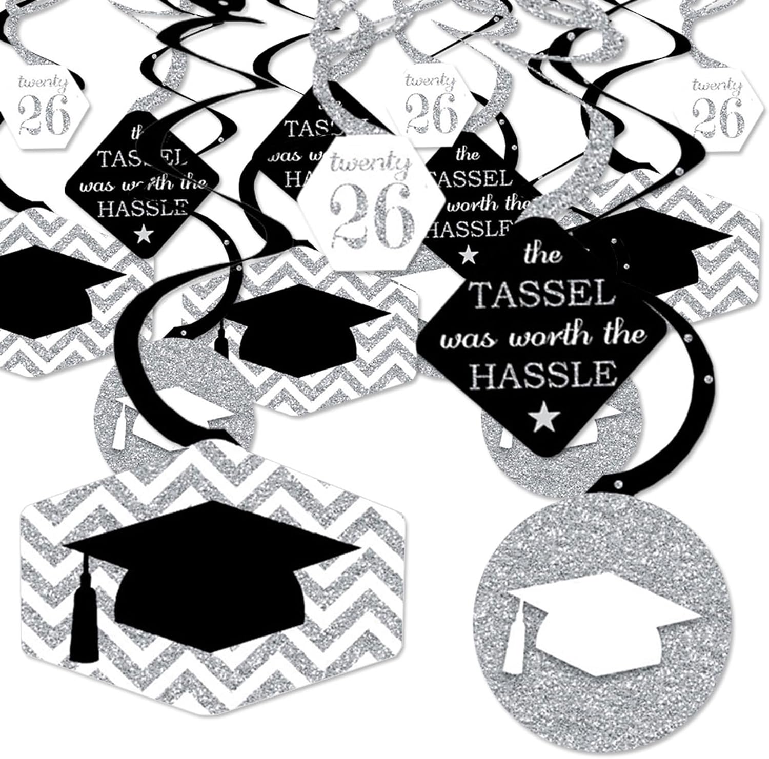 Big Dot of Happiness Silver Graduation Class of 2026 Decorations Hanging Swirls - Set of 40