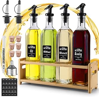 Vinegar and Oil Bottle Set (4 x 500 ml), Oil and Vinegar Dispenser with Wooden Stand, Oil Bottle with Spout, Dispenser Bottle, Oil Bottle with Label and Cork