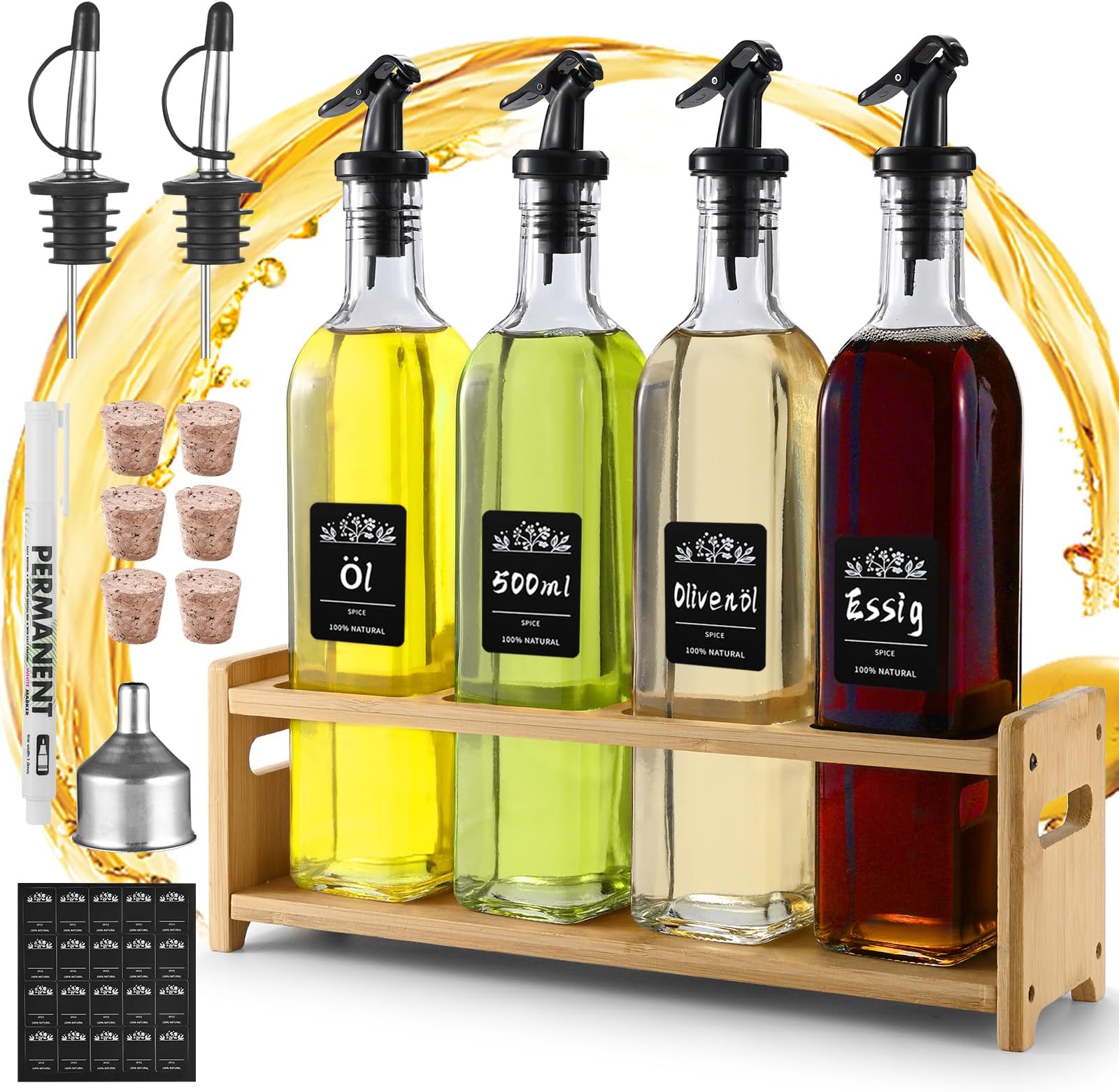 Vinegar and Oil Bottle Set (4 x 500 ml), Oil and Vinegar Dispenser with Wooden Stand, Oil Bottle with Spout, Dispenser Bottle, Oil Bottle with Label and Cork