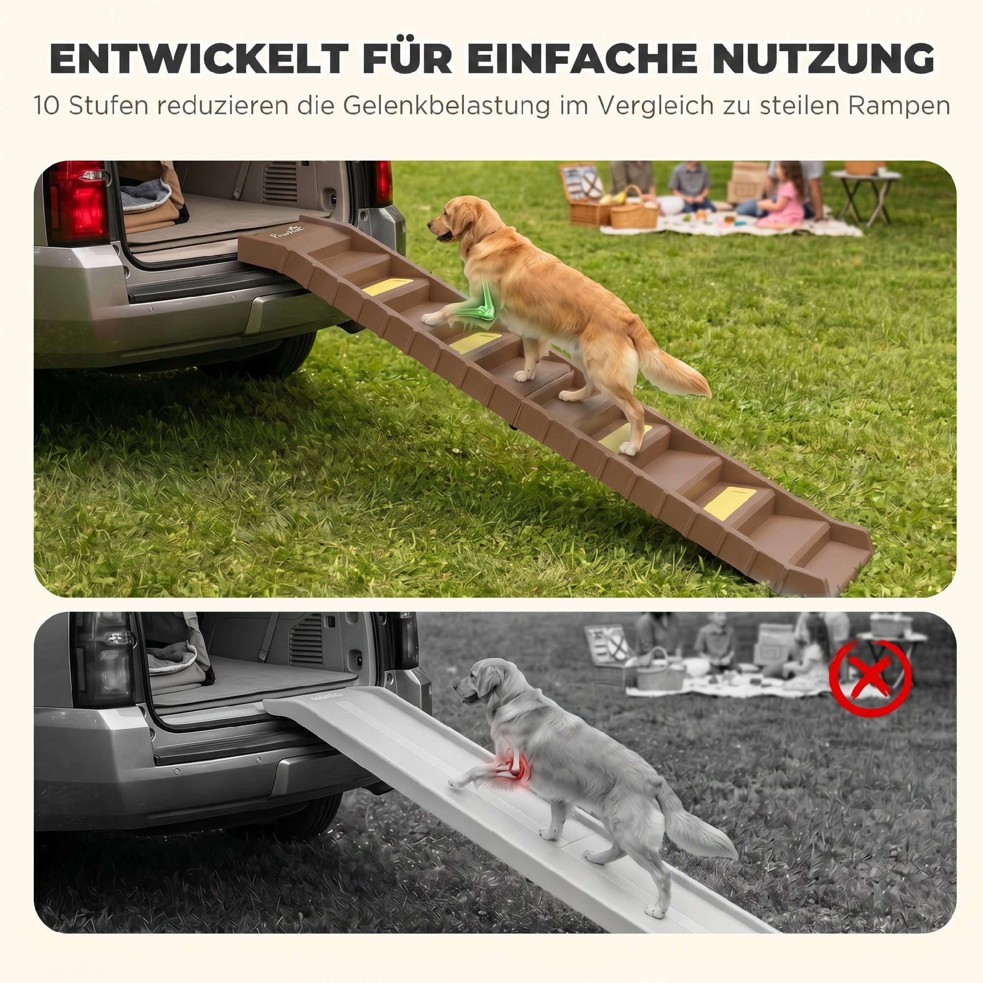 PawHut Rampe Pliable Chien Voiture Support lit Haut 25 kg Marron | Escaliers pour chien portables 10 marches avec bandes antidérapantes et coussinets, légers pour SUV/camion