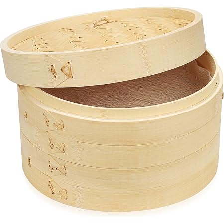 10 Inch Handmade Bamboo Steamer, 2 Tiers & Lid, Premium Bamboo Steam Basket, Bamboo Healthy Cooking for Vegetables, Dim Sum Dumplings, Buns, Chicken Fish & Meat