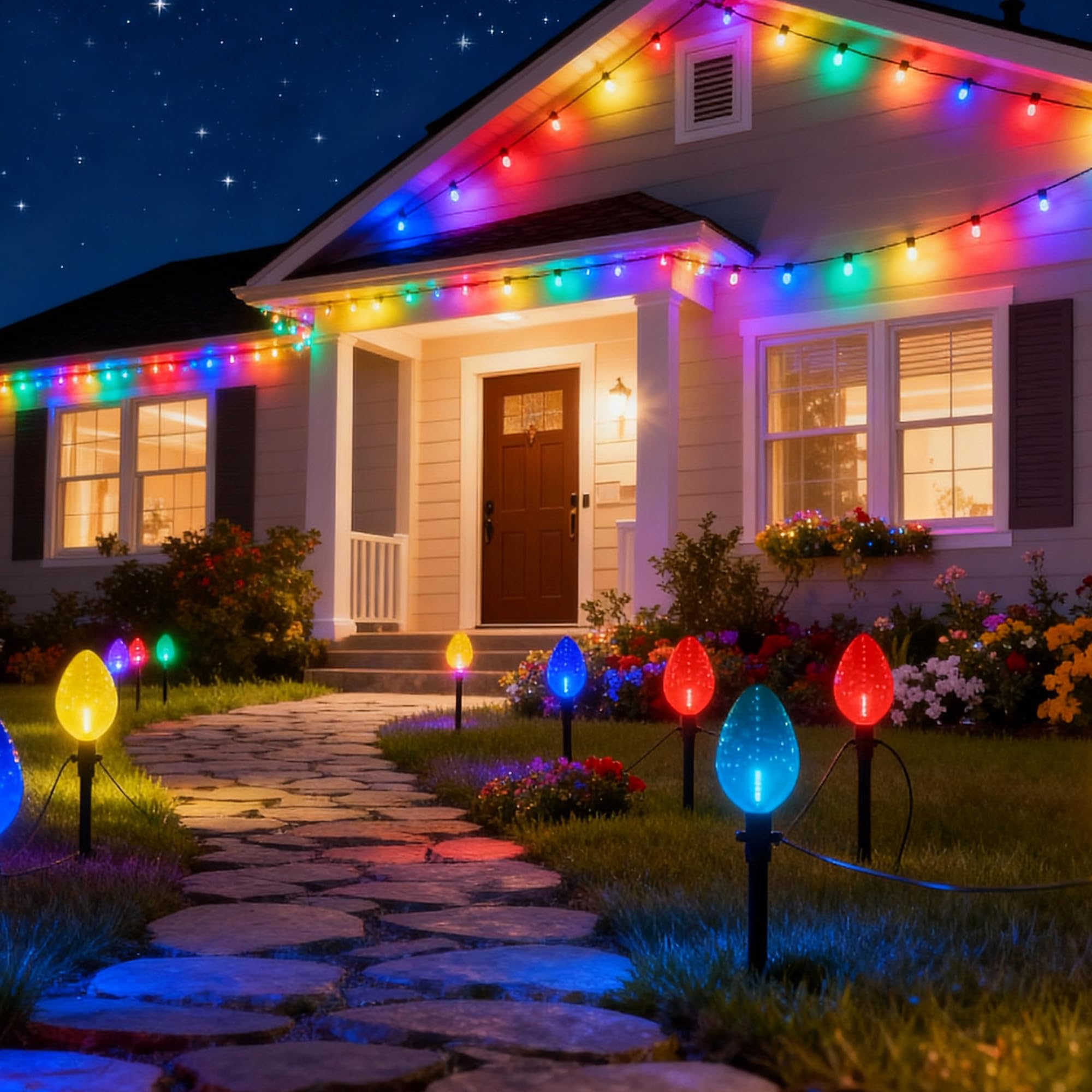 23Ft Christmas Outdoor Lights,Jumbo C9 Christmas Pathway Lights,Multicolor Light Bulbs Walkway Lights or String Lights Waterproof Lawn Decorations,Yard Lights for Holiday Outside Yard Garden Decor
