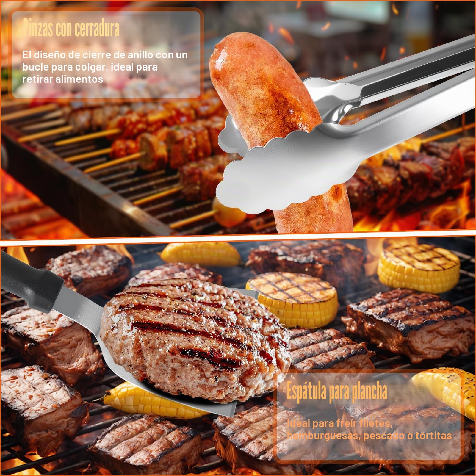 JUAUO Juego 27 Utensilios de Barbacoa de Acero Inoxidable, Kit de Accesorios Profesional para Parrilla y Plancha con Bolsa de Transporte y Prensa Hamburguesas, Regalos para Hombres y Chef Aficionado