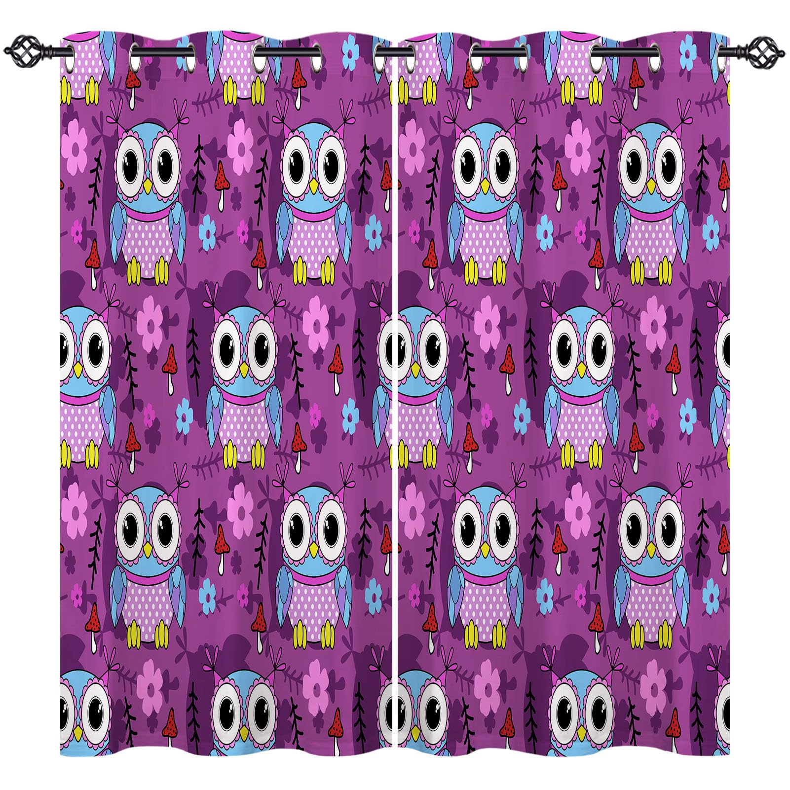 ANHOPE Owl Curtains Eyelet 80% Blackout Room Darkening Curtains with Cute Cartoon Animal Violet Flower Print Pattern Thermal Insulated Window Drapes for Bedroom Living Room 30 x 63 Inch Drop 2 Panels — image 1