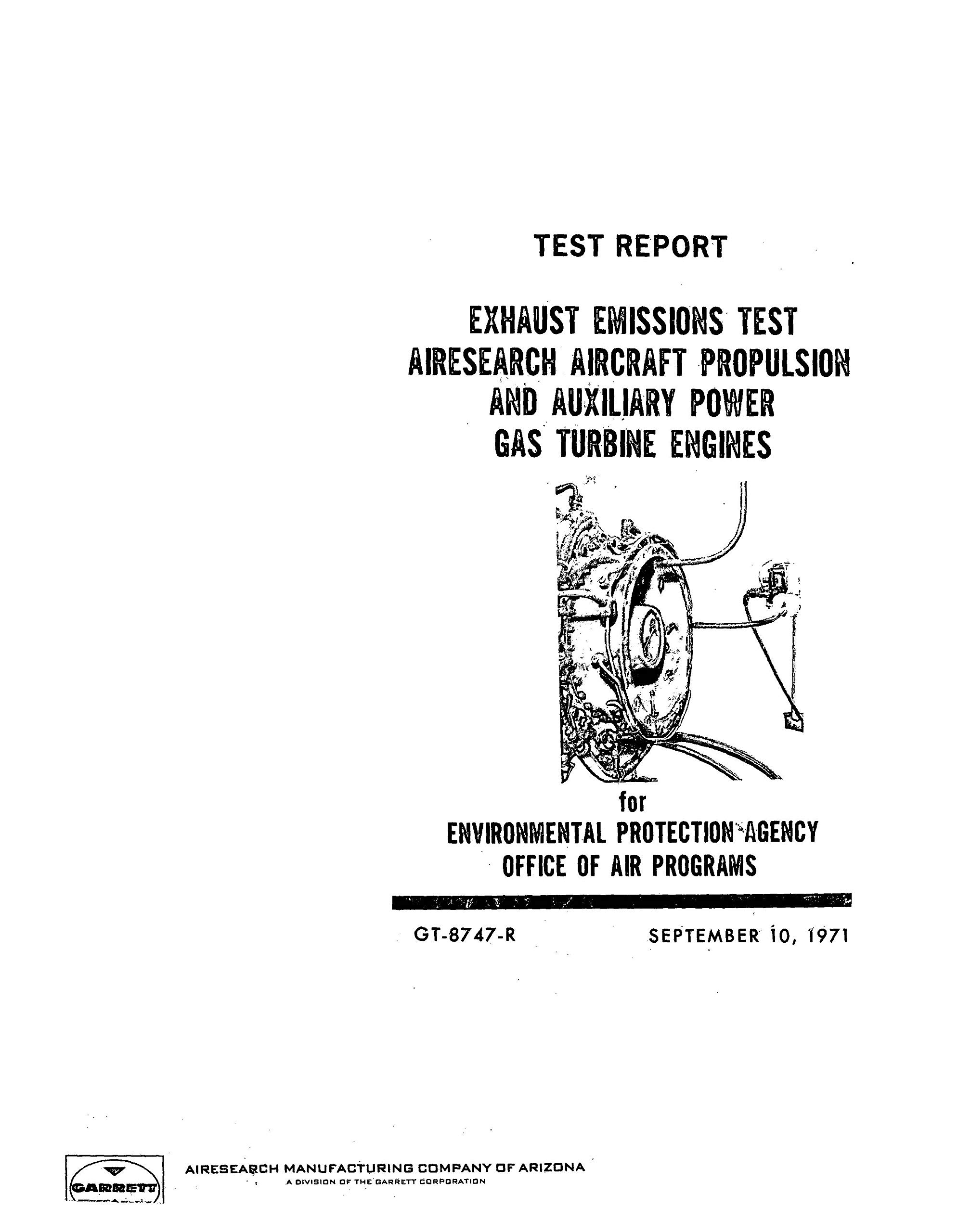 Buy Exhaust Emissions Test Airesearch Aircraft Propulsion and Auxiliary
