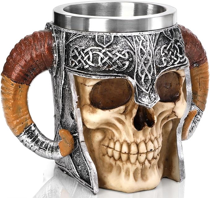 Stainless Steel Skull Mug, 18 OZ Halloween Viking Drinking Cup, Large Skeleton Resin Beer Stein Tankard with Double Handles, Bar Drinkware Medieval Decoration for Coffee, Tea, Novelty Gifts