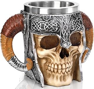Stainless Steel Skull Mug, 18 OZ Halloween Viking Drinking Cup, Large Skeleton Resin Beer Stein Tankard with Double Handles, Bar Drinkware Medieval Decoration for Coffee, Tea, Novelty Gifts