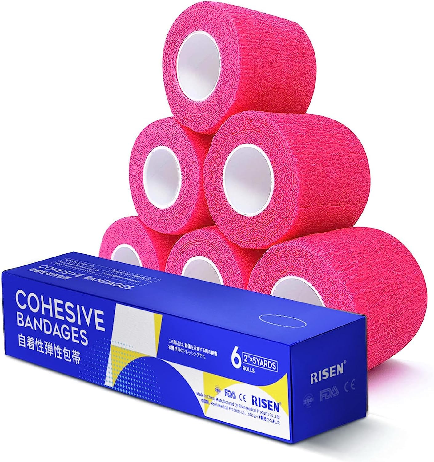 Risen Cohesive Bandage 2" x 5 Yards, 6 Rolls, Self Adherent Wrap Medical Tape, Adhesive Flexible Breathable First Aid Gauze Ideal for Stretch Athletic, Ankle Sprains & Swelling, Sports, Pink