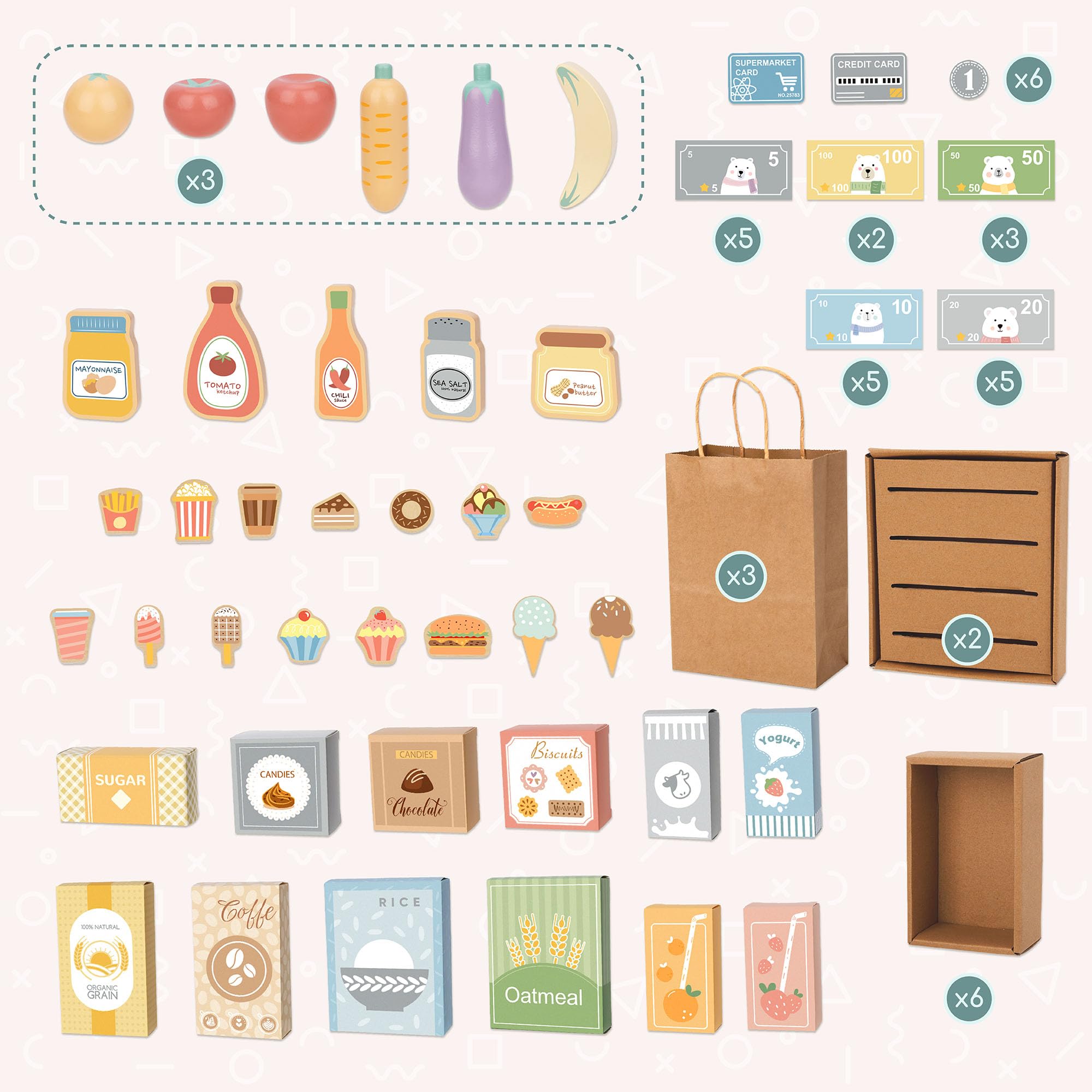 Mamabrum Grande Negozio di Legno per Bambini - 91 Pezzi per Gioco di Shopping con Lavagna, Frutta Verdura Cassa Accessori Educativi Divertimento 3+