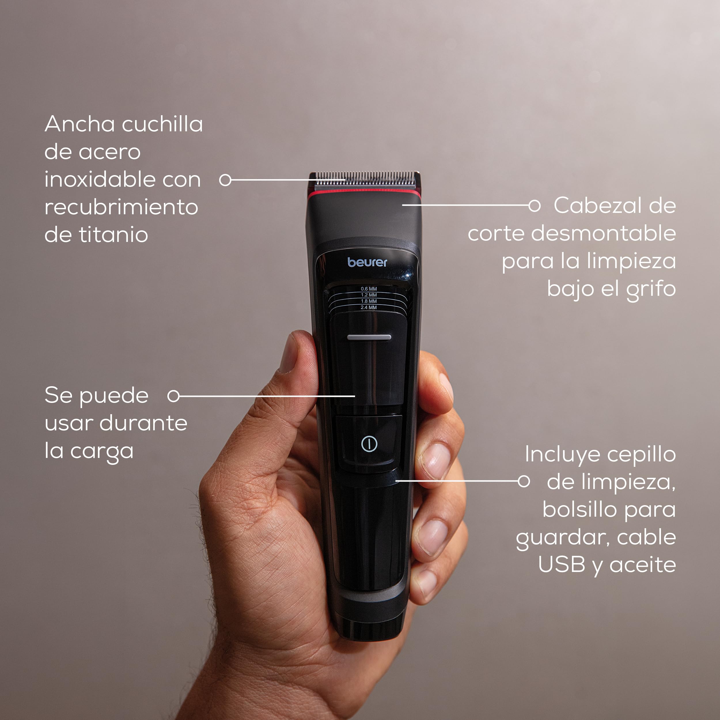 Beurer MN5X Cortapelos, corte profesional y rápido, 6 cuchillas de acero inoxidable para peinado individual, ajuste fino 4 niveles, cortapelos para hombres con batería