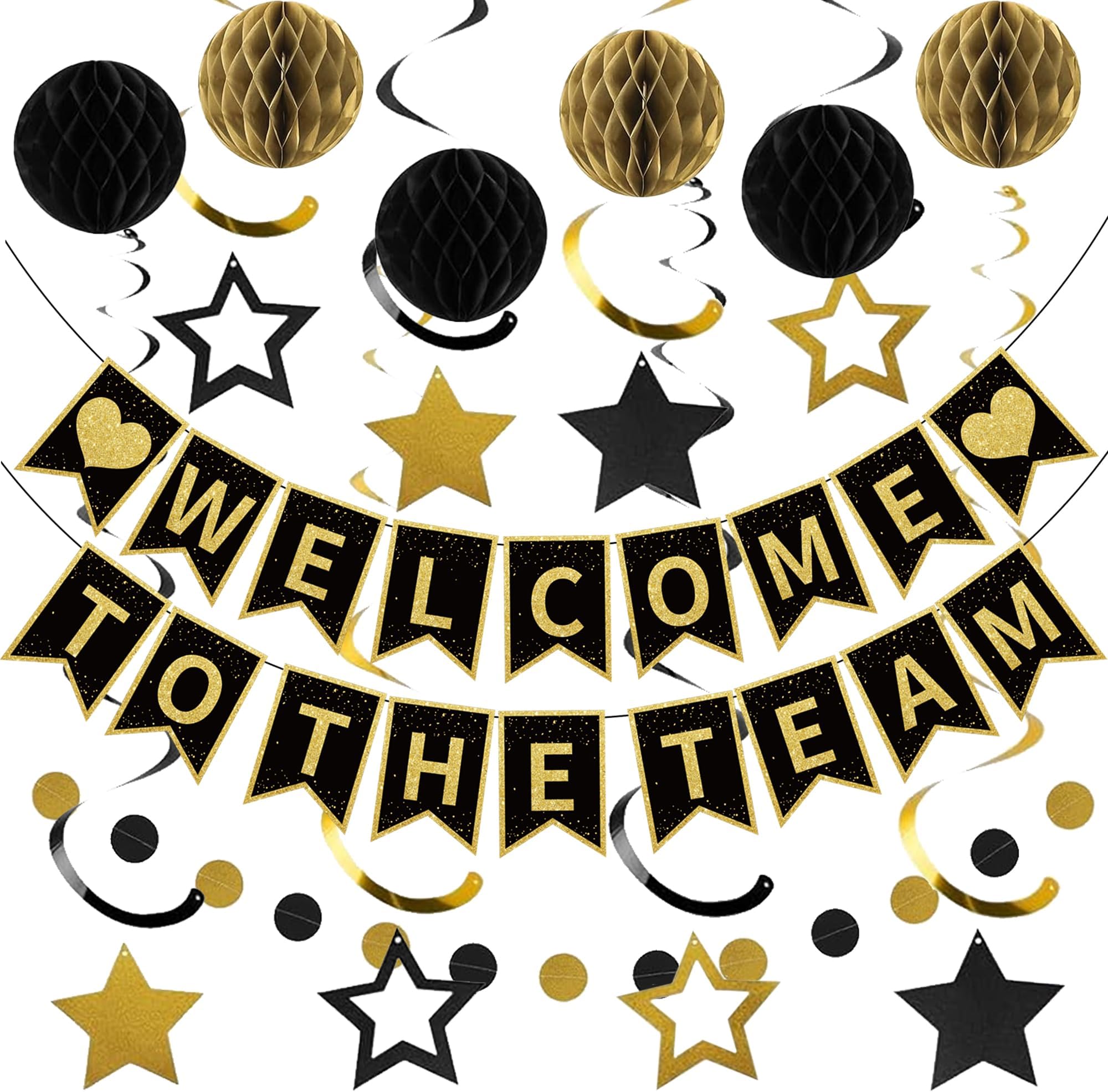 Roetyce Black Gold Welcome To The Team Party Decorations for Team Member | Welcome To The Team Banner Honeycomb Balls Hanging Swirls Kit, Join the Team Office Party Supplies for New Employee Coworker