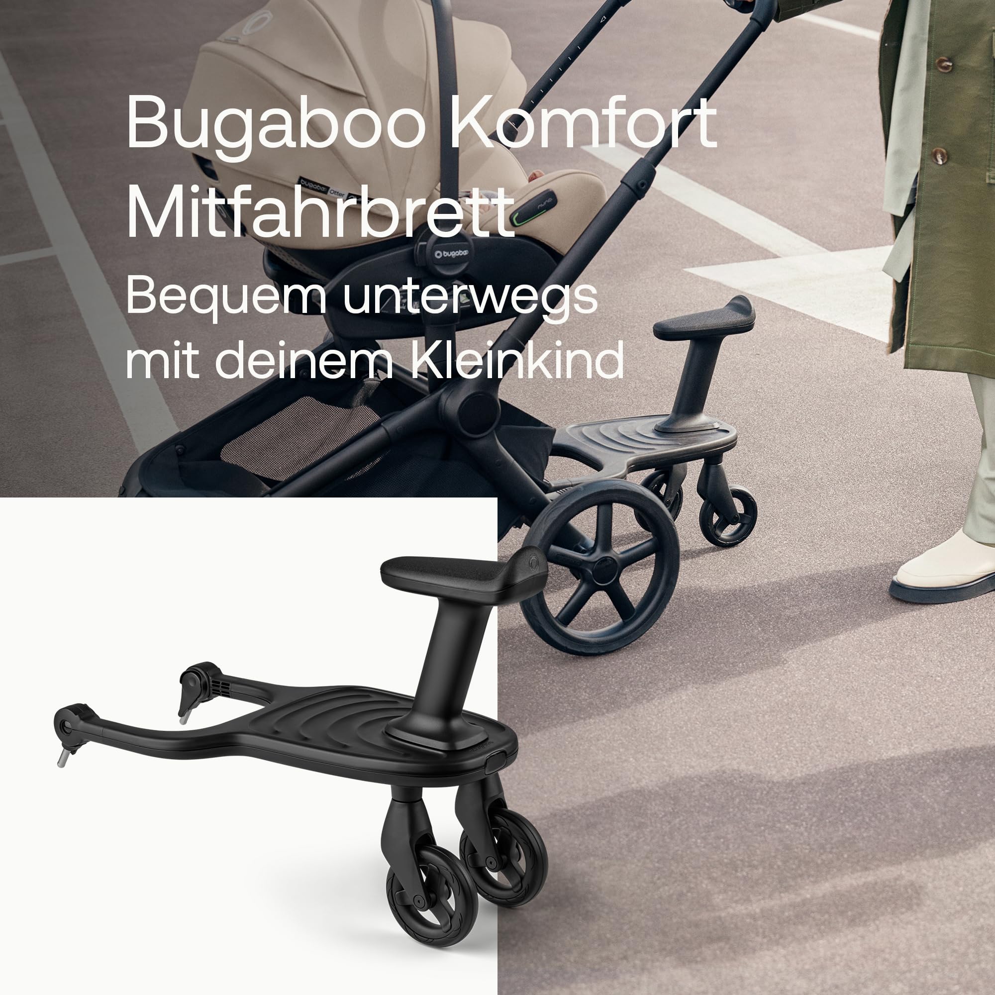 Bugaboo Komfort-Mitfahrbrett+ mit abnehmbarem Sitz – Mitfahrbrett für Kleinkinder, mit Sitz- oder Stehmöglichkeit, kompatibel mit Bugaboo Kinderwagen, zwei Räder für besonders sanfte Fahrten