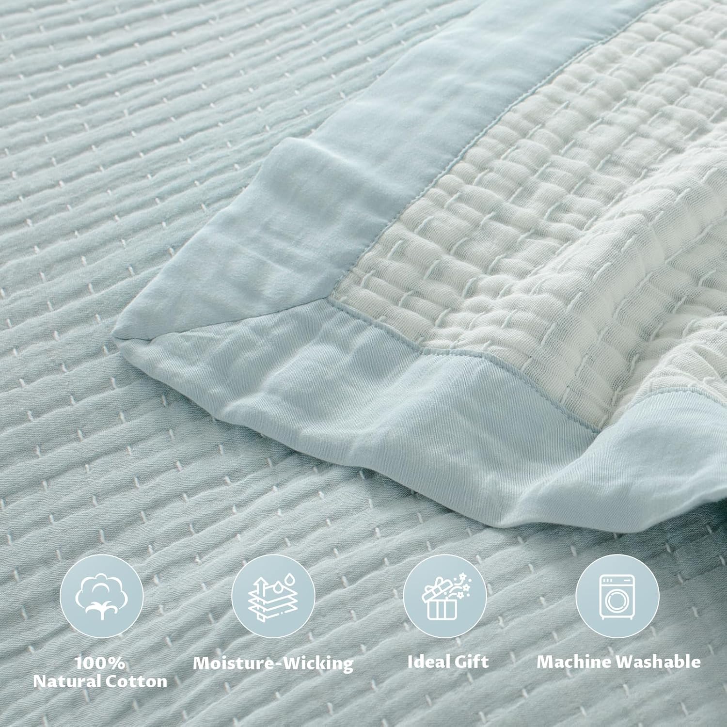 Cotton Muslin Throw Blanket for Summer Spring, Breathable and Lightweight Jacquard Muslin Blanket for All Season, Soft Gauze Blankets for Couch Bed Sofa, Blue, 50x60 Inches