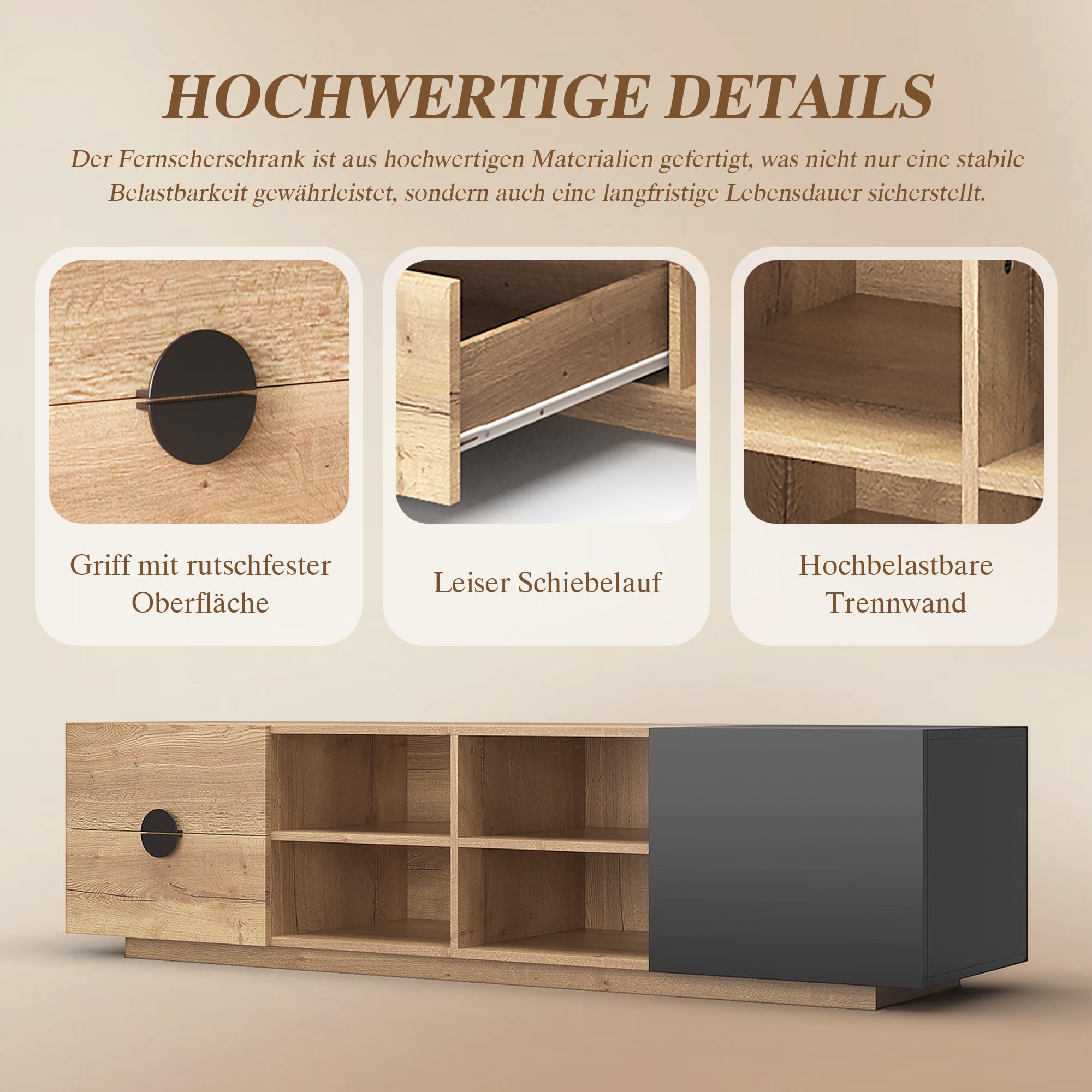 TV Schrank bis 80 Zoll, TV Lowboard mit LED, Fernsehtisch mit Offener Stauraum, TV Board, Fernsehschrank, Sideboard, für Schlaf- und Wohnzimmerschrank, Hochglanzdesign, 180cm, Schwarz