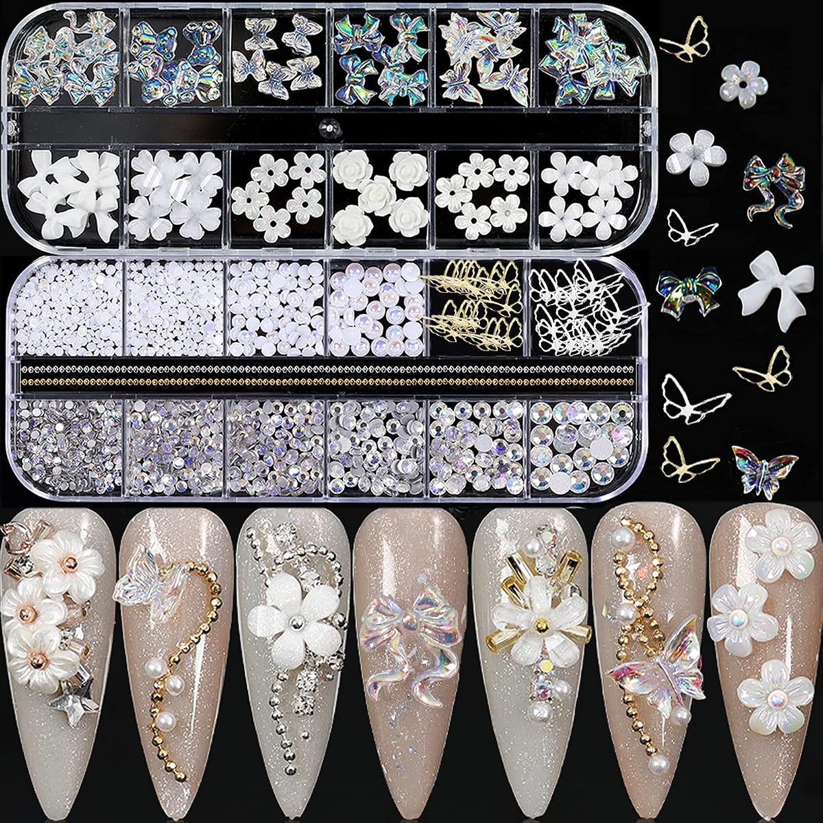 3D Acrylic Butterfly Flowers Bear Nail Charms Art 3D, AB Crystal Rhinestones Multi Shapes Pearl Gold Metal Art, Decal Jewelry Accessories DIY Crafting, 2 Piece Set | 2Boxes White Nail Art Charms, 3D Acrylic Butterfly Flower Nail Charms with Flatback White Nail Gems and Pearls for Nails