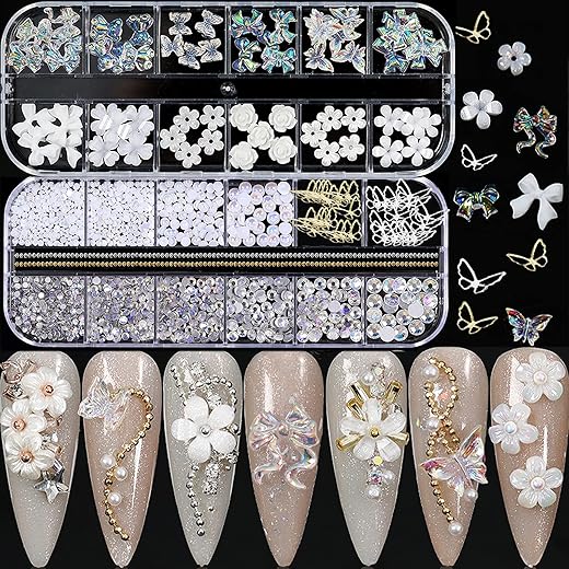 3D Acrylic Butterfly Flowers Bear Nail Charms Art 3D, AB Crystal Rhinestones Multi Shapes Pearl Gold Metal Art, Decal Jewelry Accessories DIY Crafting, 2 Piece Set