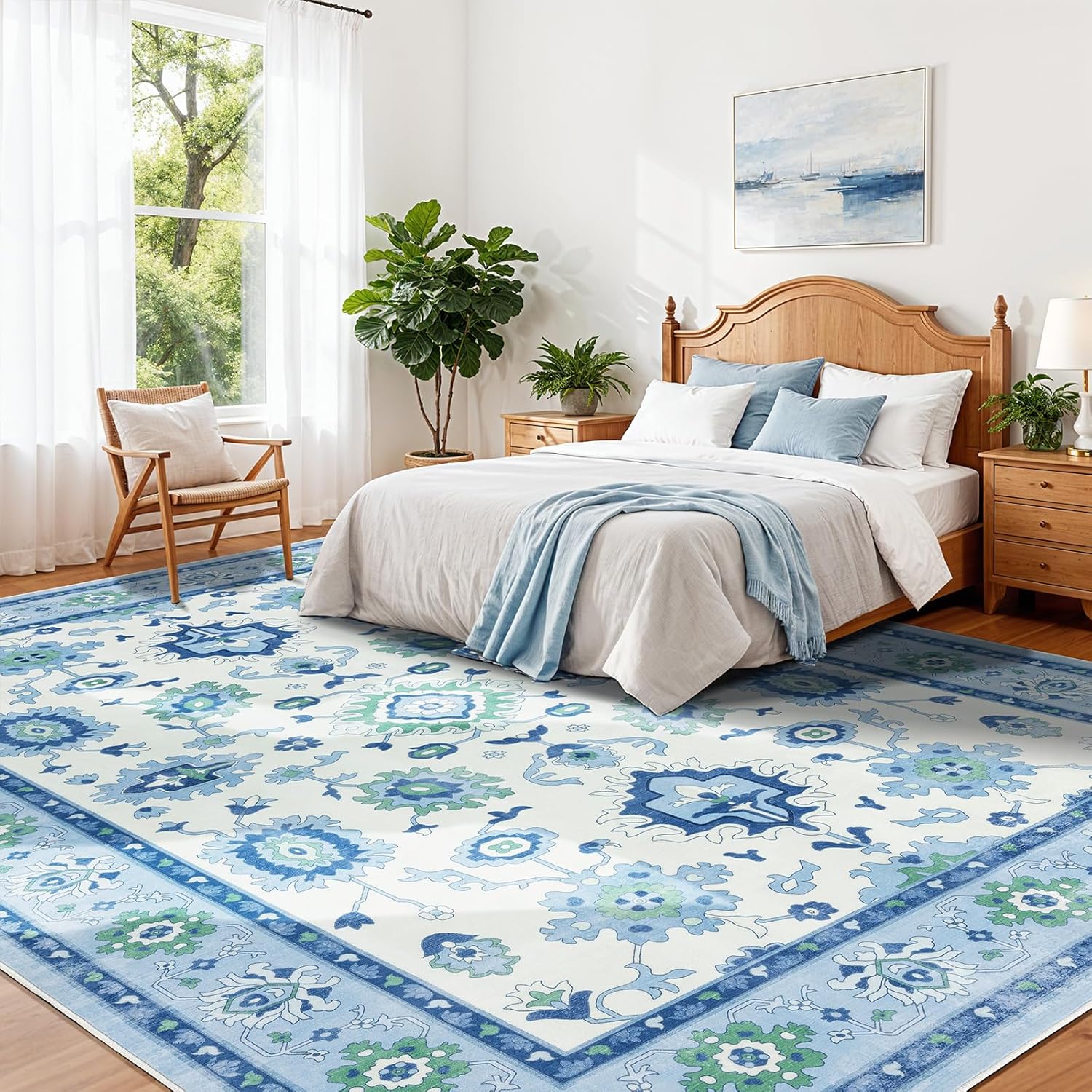 Vintage 8x10 Area Rug,Dark Boho Rug with Non-Slip Backing, Ultra Soft Low Pile Carpet Machine Washable & Stain Resistant for Living Room, Bedroom, Office, Home Decor, Blue