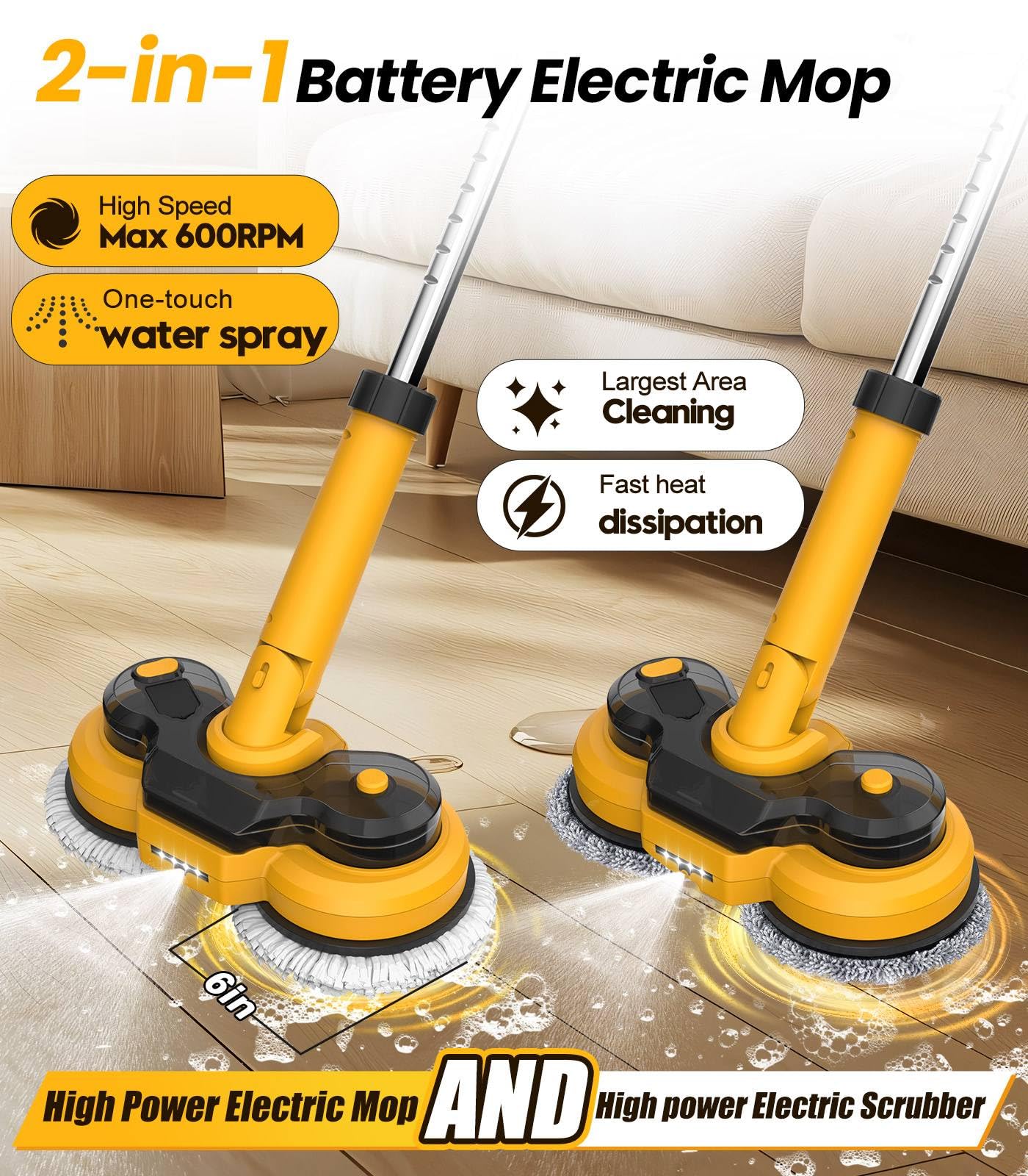 Mopa Eléctrica Inalámbrica con Baterías de 2000 mAh, 2 Limpiaparabrisas con Función de Pulverización, Mopa Pulidora con 4 Almohadillas, Fregona Eléctrica con Depósito de Agua de 400 ml e Iluminación