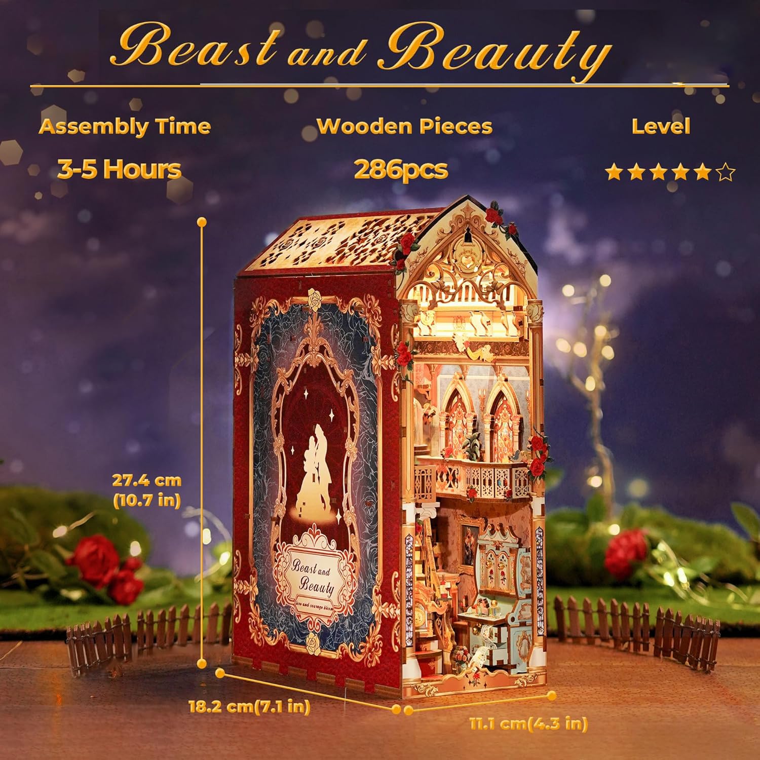 Zestaw do samodzielnego wykonania, dla dorosłych, drewniane puzzle 3D, muzyka, książeczka, miniaturowy domek dla lalek, bajkowy regał na książki, dekoracja z osłoną przeciwpyłową i światłami LED