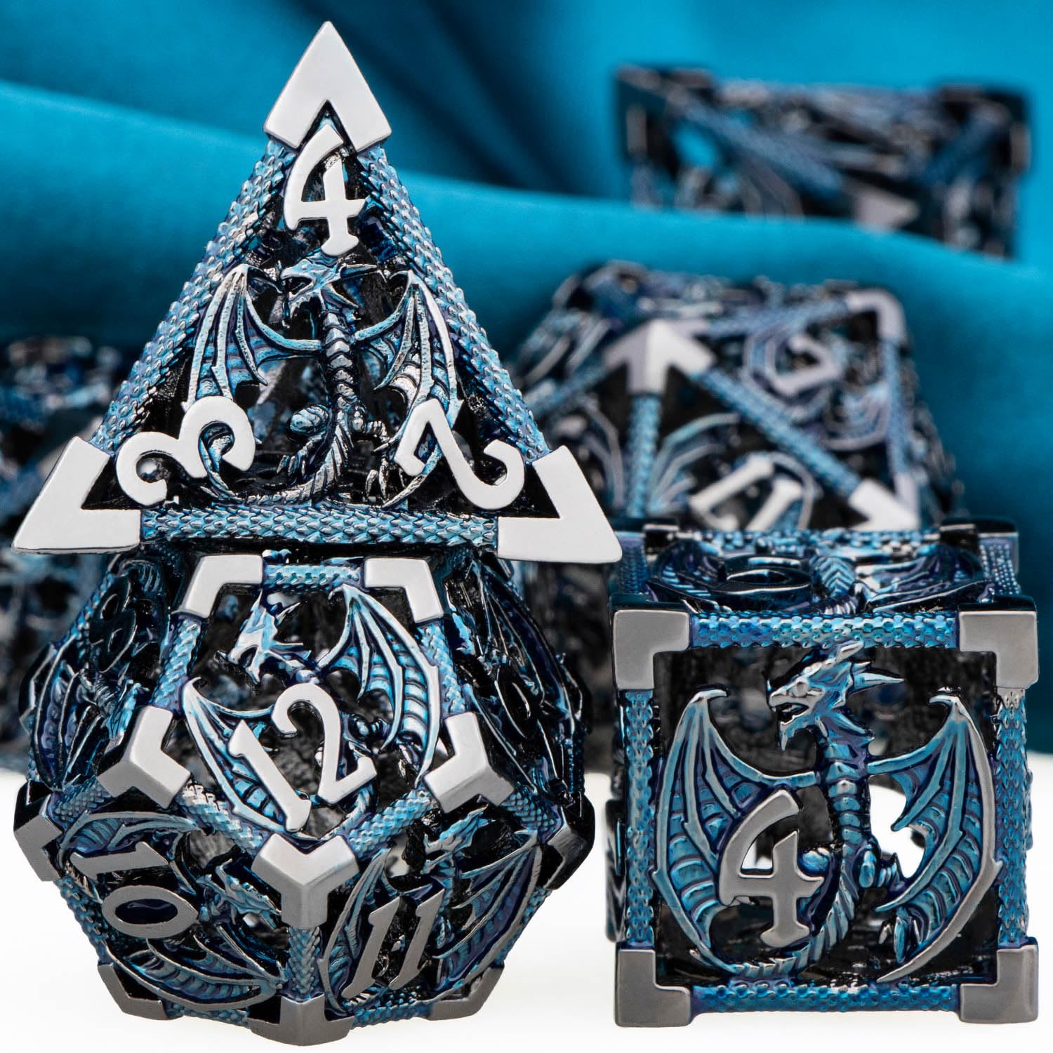 ARUOHHA Hollow DND Metal Dice Set Black Blue Dragons D and D Dice with Gift Box, Role Playing Games Dungeons Polyhedral Dice D20 D12 D10 D8 D6 D4