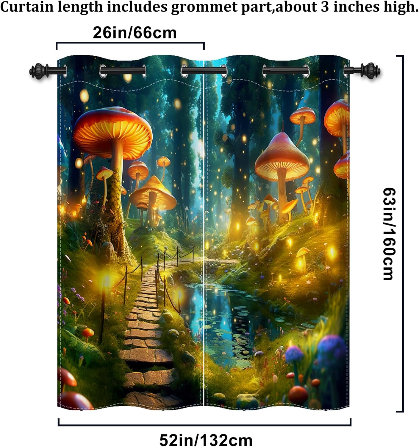 Renaiss Mushroom Wonderland Window Curtains Enchanted Forest Stone Path Blackout Drapes Fantasy Mushrooms Trees Grommet Window Treatments for Kitchen Bedroom Living Room 26x63 Inches x 2 Panels