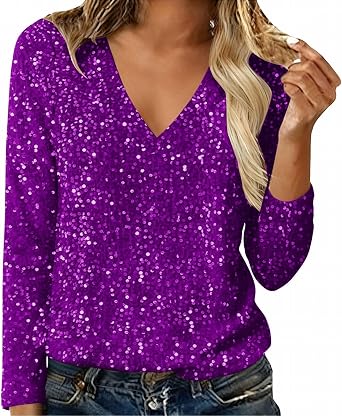 Sequin Sweatshirt for Women Shinny Sparkly V Neck Long Sleeve Sequin Shirts Glitter Top Party Pullover Disco Outfit