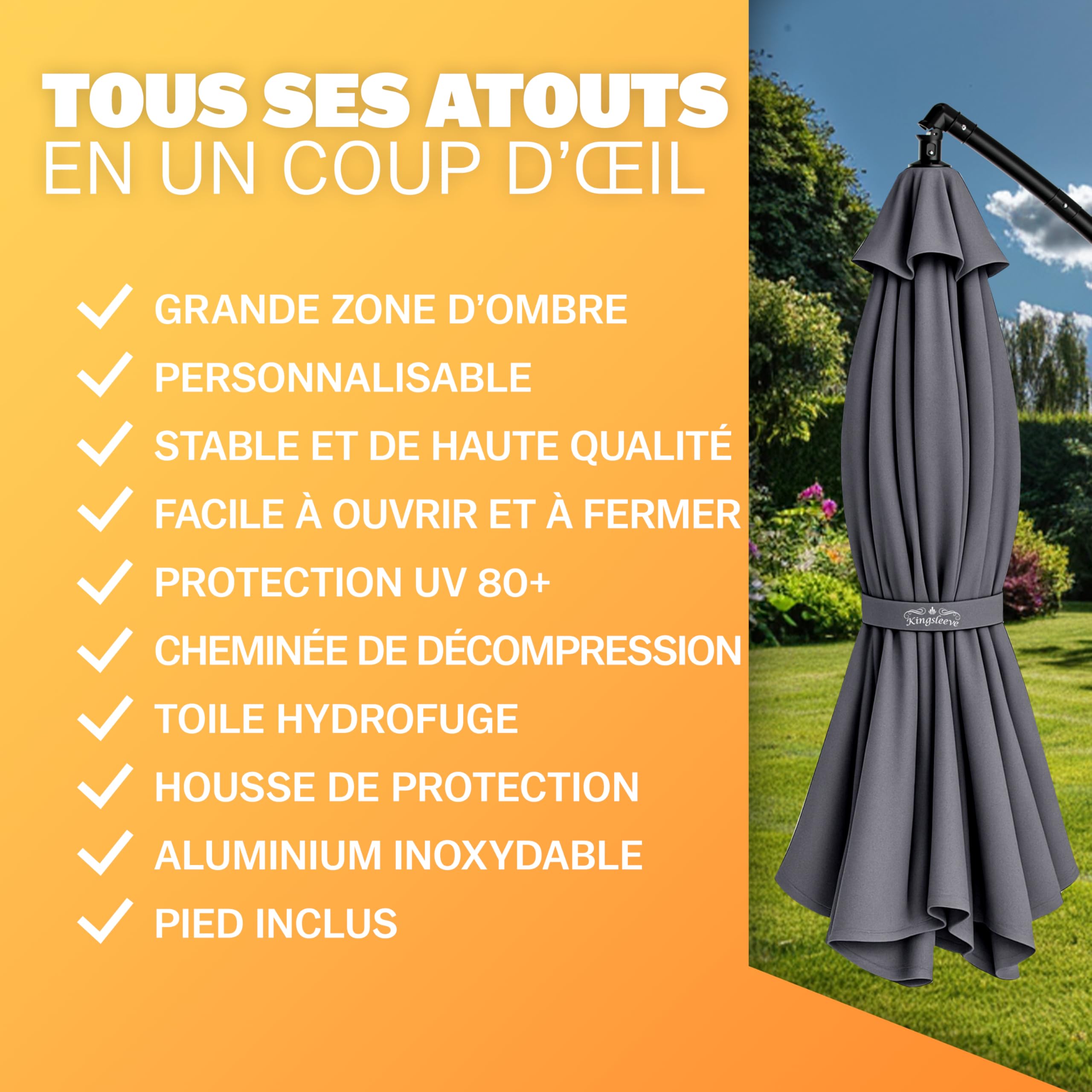 Kingsleeve® Parasol de jardin extérieur en alu Parasol déporté inclinable anthracite Ø330cm avec manivelle Protection UV 80+