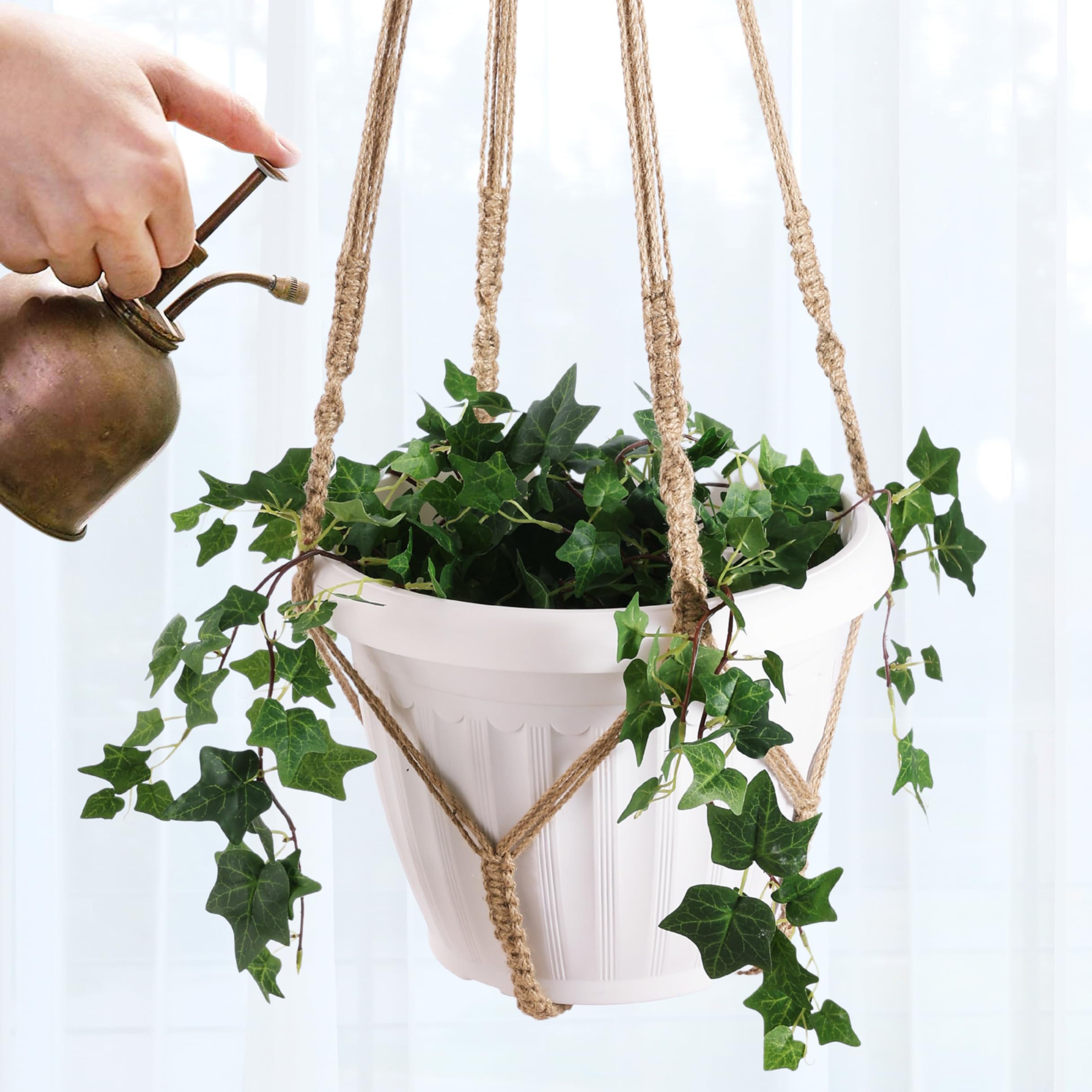 Lot de 2 suspensions géantes XXL de 140 cm en macramé pour pot de 38,1 cm + crochet pour plantes d'intérieur | Pot/plante non inclus (jute XXL)