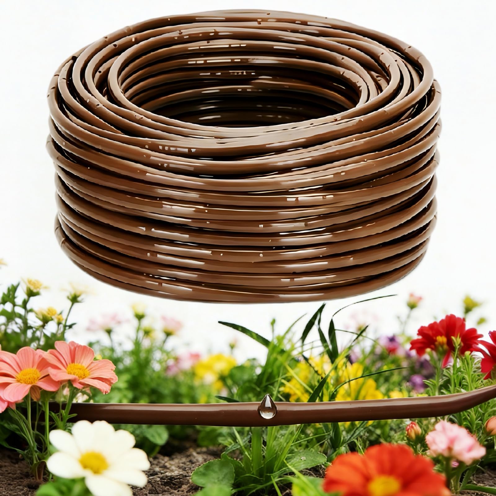 1/4" Drip Irrigation Tubing with 6" Emitter Spacing, (250 Ft Roll) Hydroponics Dripline with Built-in 0.5 GPH Dripper, Drip Line for Vegetation, Window Boxes and Garden (Brown)