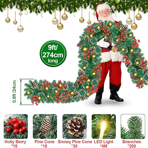 Miniatura 2 de Guirnalda de Navidad con luces, guirnalda de 30 luces LED de 9 pies, funciona con pilas, decorada con piñas, bayas, pino nevado artificial,