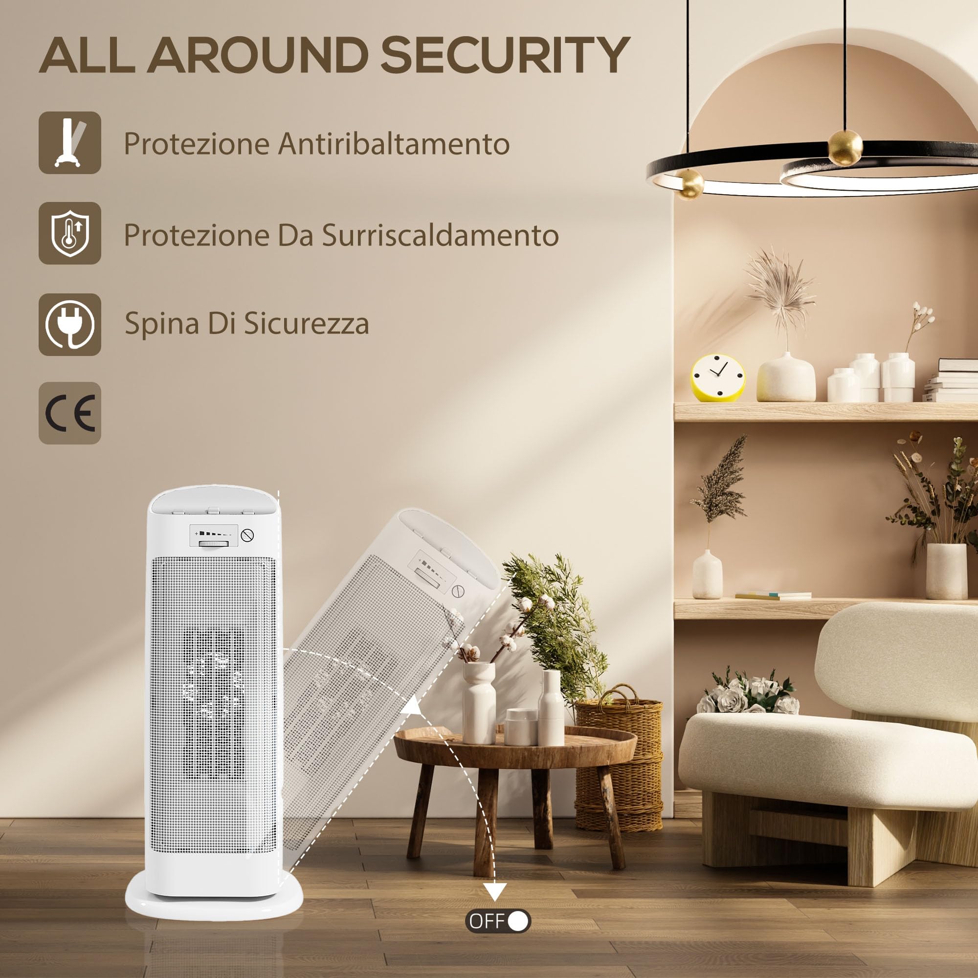 HOMCOM Stufa Elettrica Ceramica 2000W Termoventilatore 4 Modalità Bianco | Riscaldamento Regolabile, Oscillazione a 55°, Protezione da Surriscaldamento e Ribaltamento, per Casa e Ufficio