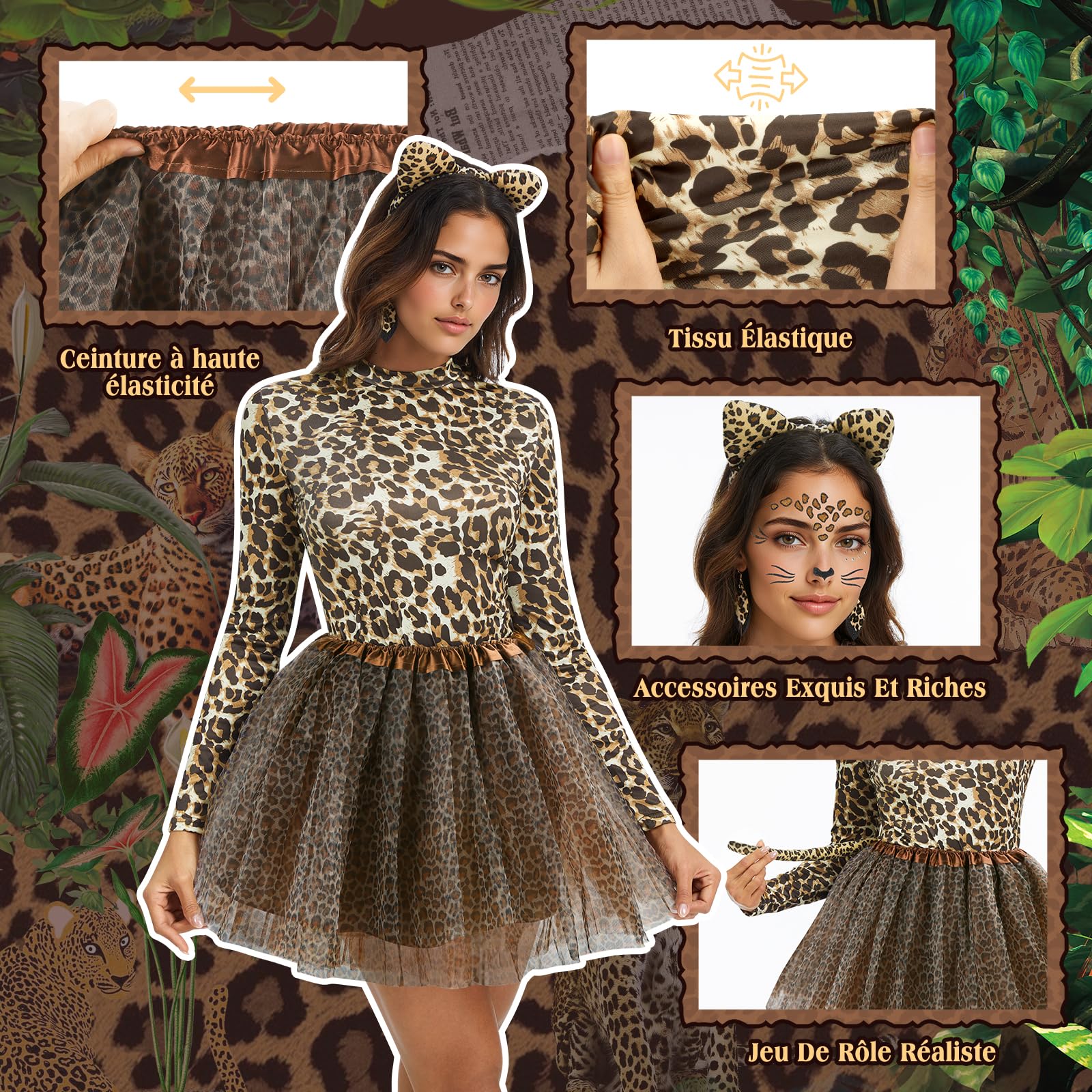 Charmofun Costume de Léopard pour Femme, Déguisement Leopard Femme avec Serre-tête Léopard, Boucles D'oreilles, Queue et Tatouage du Visage, Deguisement Animaux pour Carnaval Halloween Fête (XS)
