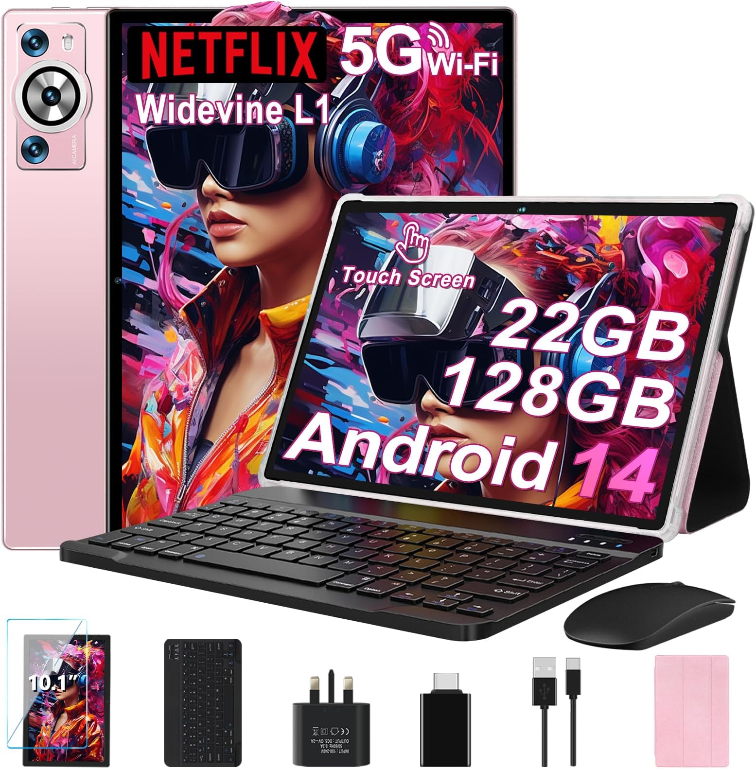 2025 Tablet 10 Inch Android 14 22GB RAM+128GB ROM(TF 2TB), Octa Core 2.0 GHz, 5G WiFi, 8000mAh | BT5.0 | Widevine L1 FHD | Face ID | Widgets | GPS | Type C | GMS Tablet with Keyboard & Mouse - Gold