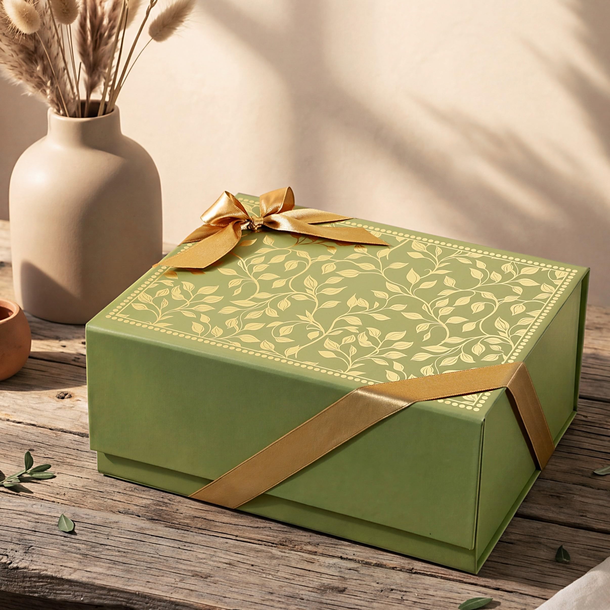 Pink Paper Co. Luxurious Gift Box for Packing Hampers with Ribbon | Gold Foil Printing | Pack of 1 Empty Box | Magnetic Closure | 22.5x16x10 cm (Green)-image-26