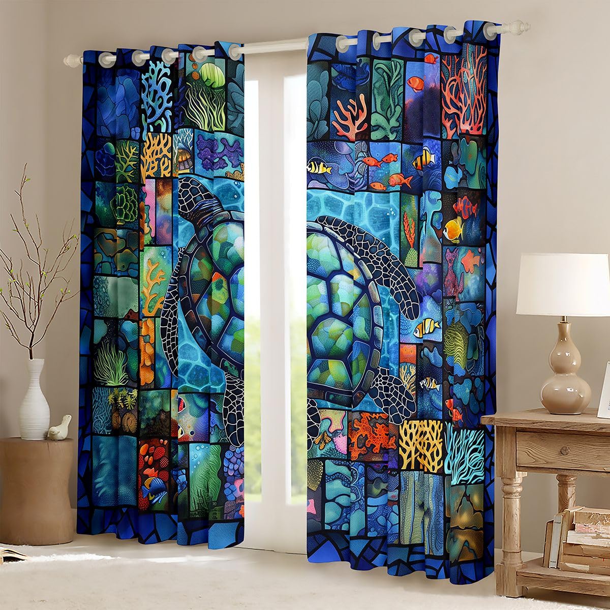 Homemissing Tende con tartaruga marina per camera da letto, soggiorno, oceano, acqua di mare, oscuranti, tonalità di vita marina e mare, tenda oscurante, trattamenti per finestre, 2 pannelli L 66 x 90