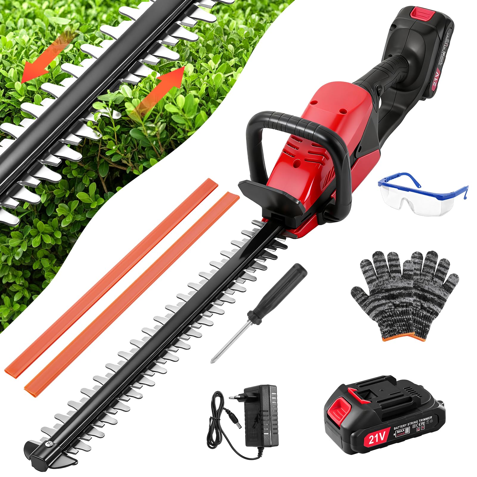 Akku Heckenschere Profi Hecken & Strauchschere, Leicht Akku Heckenschere Elektrisch mit akku und Ladegerät, 50cm Schnittlänge, Schnittstärke 15mm Dual Schnittklingen Verstellbarer Griff