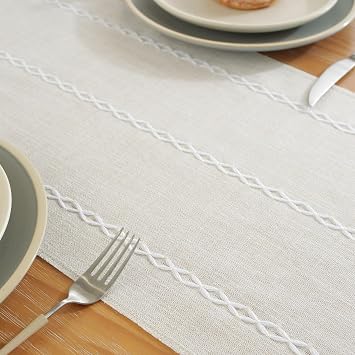 Laolitou Rustic Table Runner with Tassels, Embroidered Cotton Linen Table Decoration for Holiday Party, Farmhouse Table Runners, Wedding and Dining Decorations, 108 Inches, Ivory