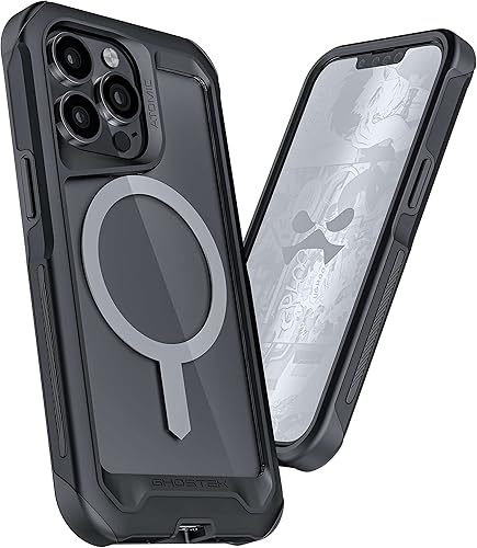 Miniatura 2 de Ghostek ATOMIC - Funda delgada iPhone 13 Pro, parachoques de metal negro con anillo MagSafe transparente en la parte trasera, protección resistente