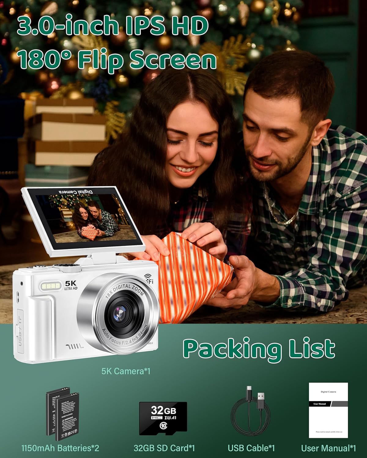 5K Digital Camera - WiFi 75MP Cameras for Photography - UHD Vlogging Camera for YouTube with 3" 180° Flip Screen - Autofocus Compact Video Travel Camara with 18X Zoom, 32GB SD Card, 2 Batteries - Image 7