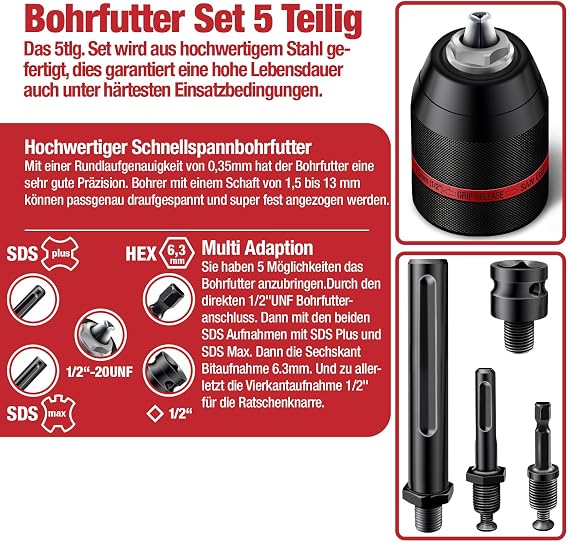 SCHWABENBACH Keyless Chuck Complete Set 5-Piece 1.5-13 mm 1/2-20UNF