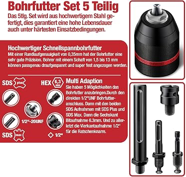 SCHWABENBACH Keyless Chuck Complete Set 5-Piece 1.5-13 mm 1/2-20UNF