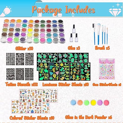 Miniatura 8 de TEUVO Kit de tatuaje con purpurina para niños con polvo de purpurina de 50 colores, 132 plantillas, 10 calcomanías luminosas, 6 polvos que brillan
